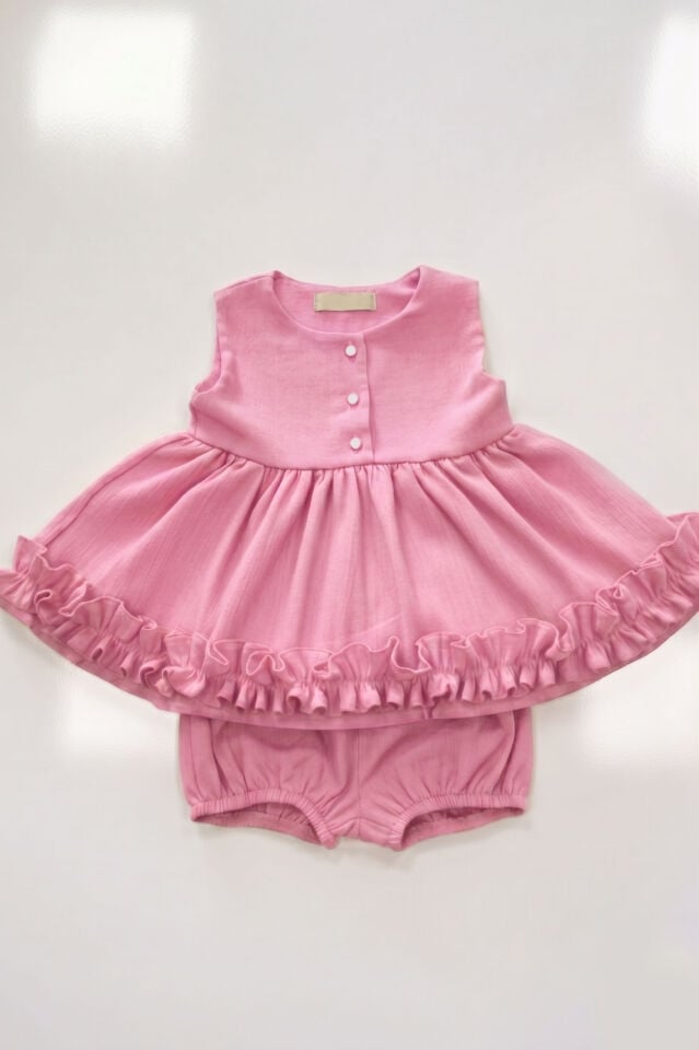Şeker Pembe Şile Bezi Pamuklu Çıtçıtlı Alt Üst Kız Çocuk Bebek Kolsuz Takım