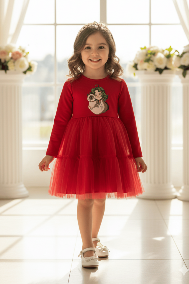 Kedili Kız Şeker Baskı Kız Çocuk Bebek Tül Kırmızı Krep Elbise
