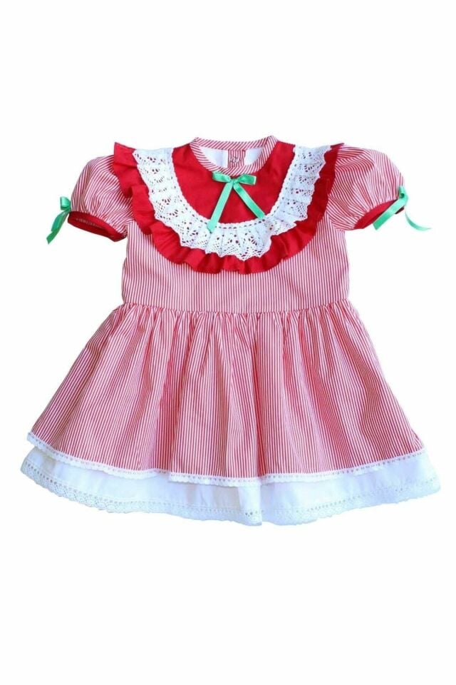 Fırfırlı Ve Kurdele Detaylı Çizgili Kırmızı Kız Çocuk Bebek Elbise