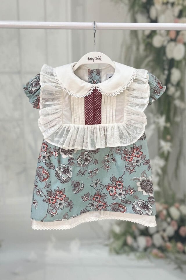 Dantelli Kız Çocuk Bebek Pamuklu Mavi Elbise