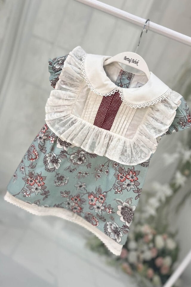 Dantelli Kız Çocuk Bebek Pamuklu Mavi Elbise