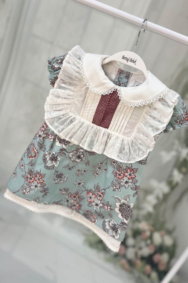 Dantelli Kız Çocuk Bebek Pamuklu Mavi Elbise