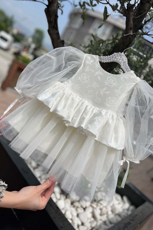 Tulle Rose Patterned Girl Baby Off White Mawlid Birthday Dress