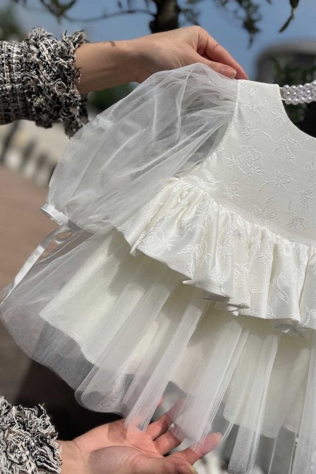 Tulle Rose Patterned Girl Baby Off White Mawlid Birthday Dress