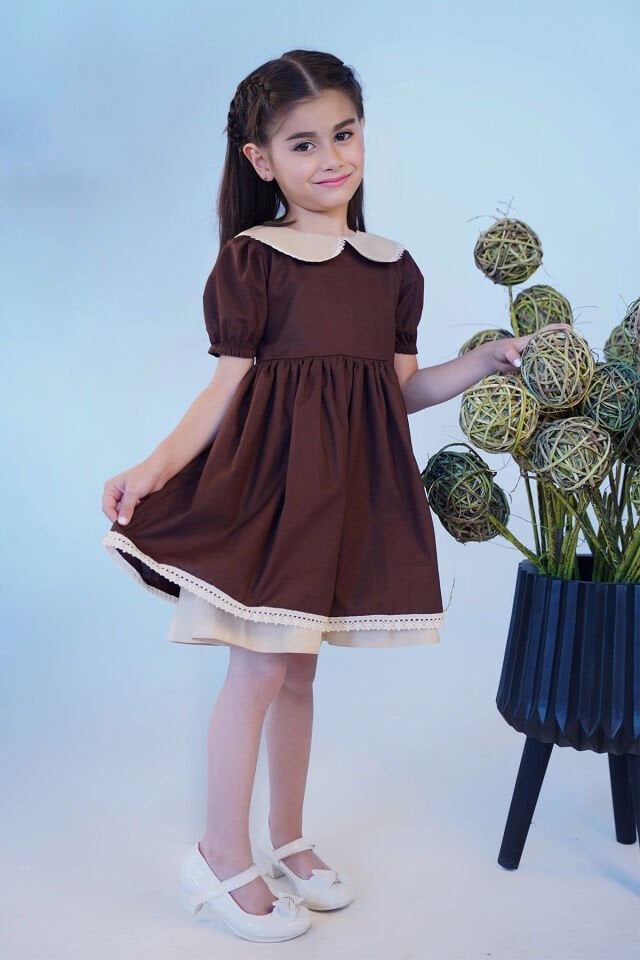 Dantel Detaylı Bebe Yaka Kahve Camel Vintage Kız Çocuk Bebek Bayram Elbise