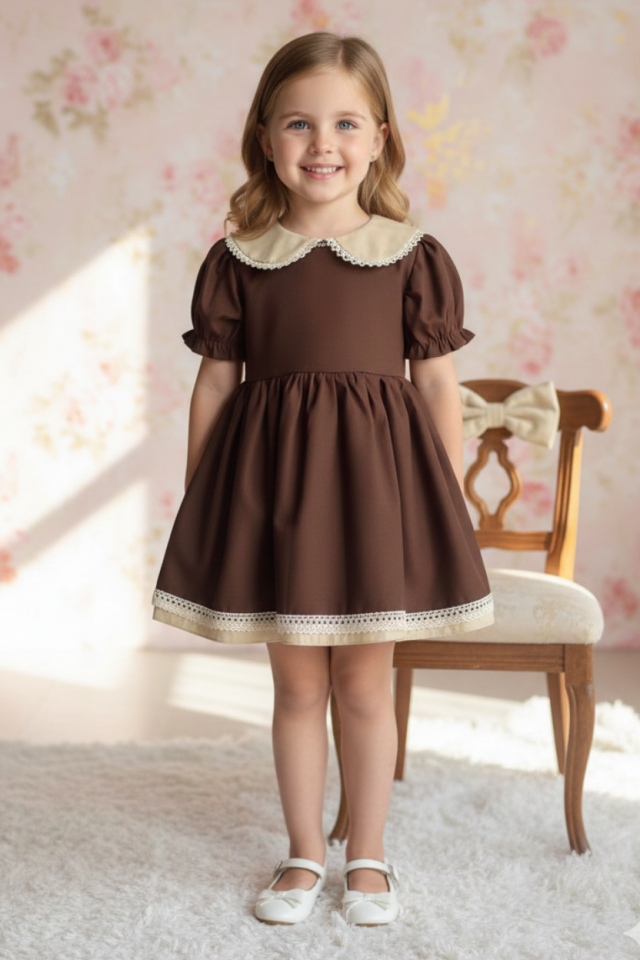 Dantel Detaylı Bebe Yaka Kahve Camel Vintage Kız Çocuk Bebek Bayram Elbise