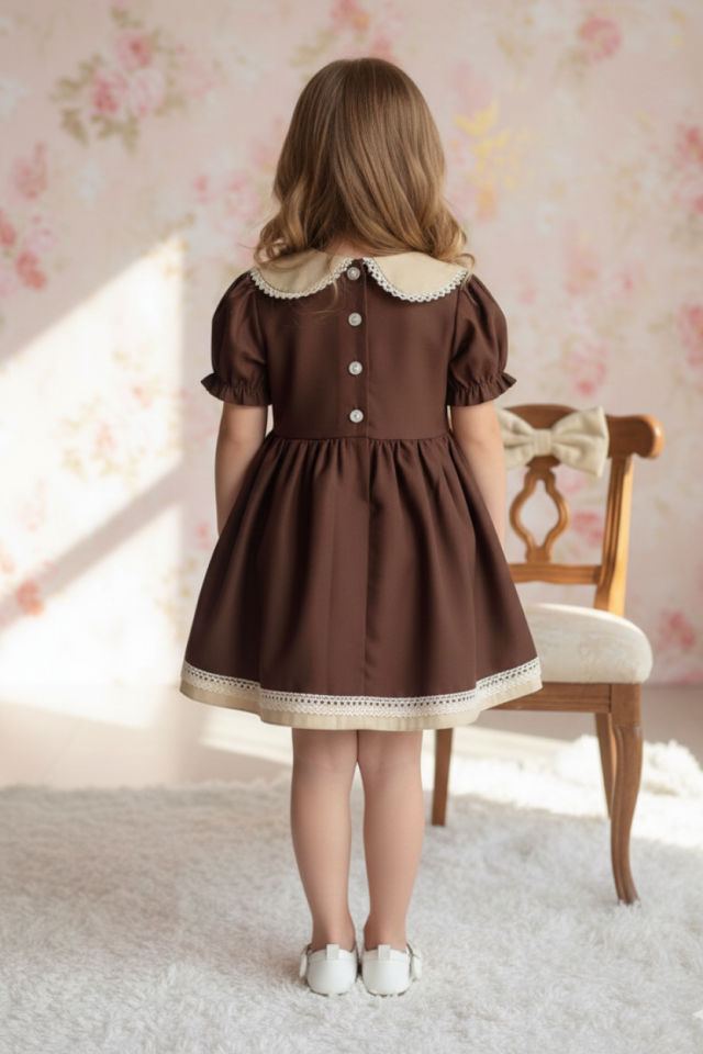 Dantel Detaylı Bebe Yaka Kahve Camel Vintage Kız Çocuk Bebek Bayram Elbise