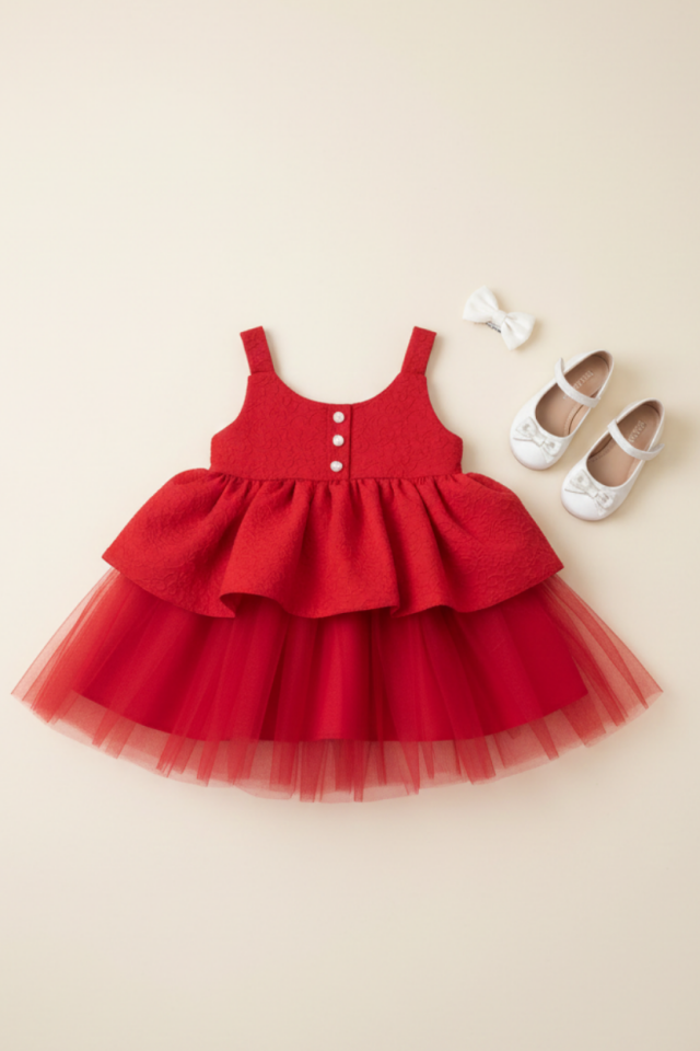 Brokar Kız Çocuk Bebek Pamuk Astarlı Kırmızı Askılı Tüllü Elbise