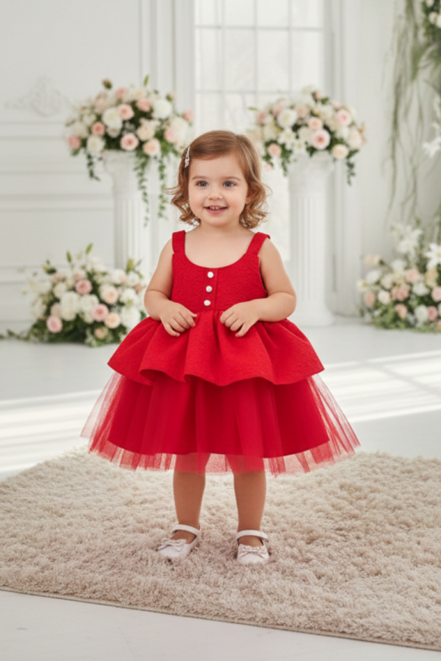 Brokar Kız Çocuk Bebek Pamuk Astarlı Kırmızı Askılı Tüllü Elbise