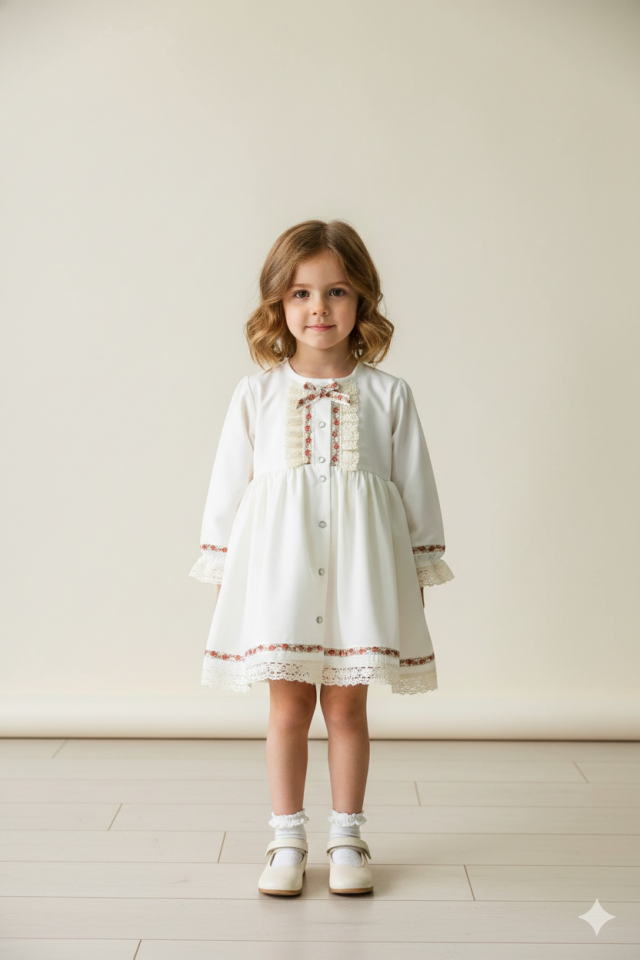 Dantel Ve Kurdele Detaylı Ekru Kız Çocuk Bebek Tasarım Elbise