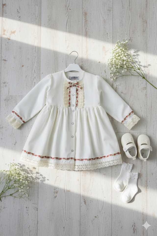 Dantel Ve Kurdele Detaylı Ekru Kız Çocuk Bebek Tasarım Elbise