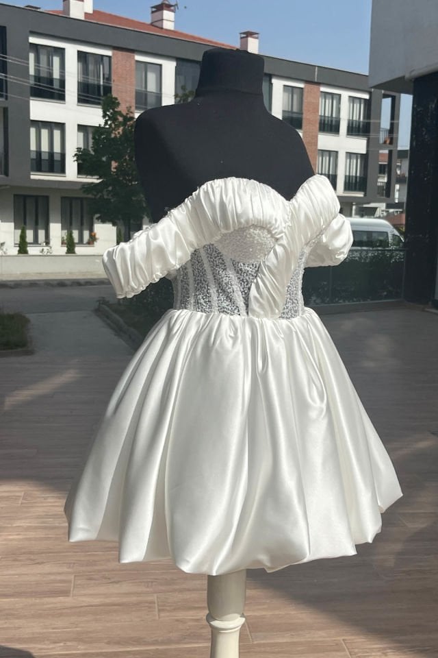 Balon Etek Düşük Kol Payetli Kadın Nişan Nikah After Kırık Beyaz Abiye Elbise