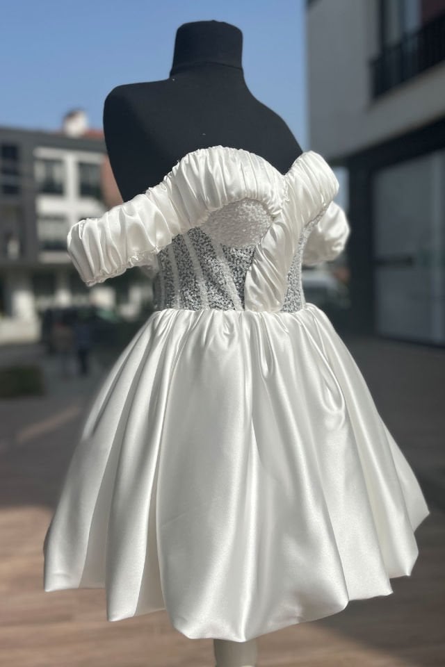 Balon Etek Düşük Kol Payetli Kadın Nişan Nikah After Kırık Beyaz Abiye Elbise