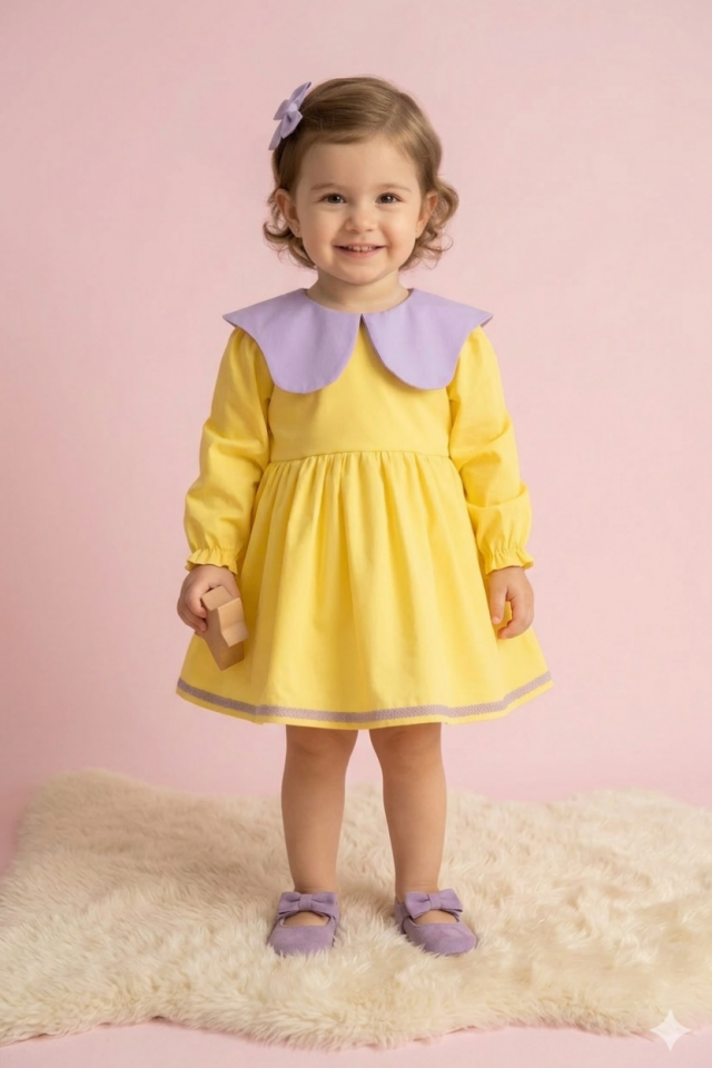 Dantel Detaylı Lila Yaka Kız Çocuk Bebek Sarı Lale Elbise