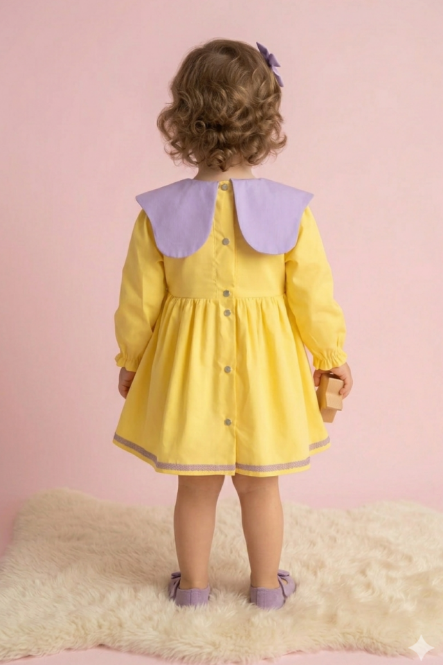 Dantel Detaylı Lila Yaka Kız Çocuk Bebek Sarı Lale Elbise