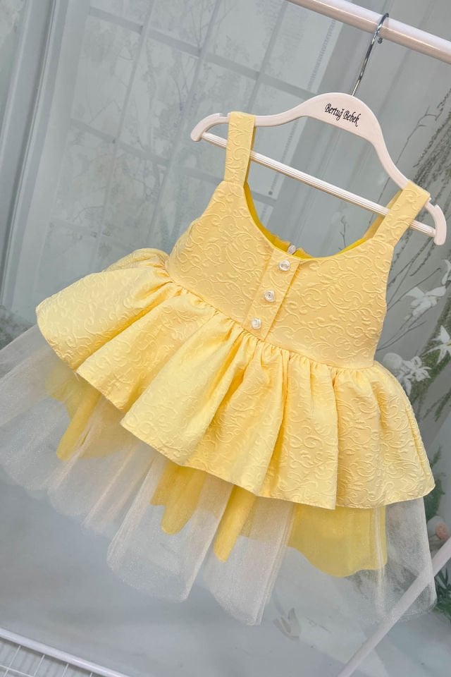 Brokar Kız Çocuk Bebek Pamuk Astarlı Sarı Askılı Tüllü Elbise