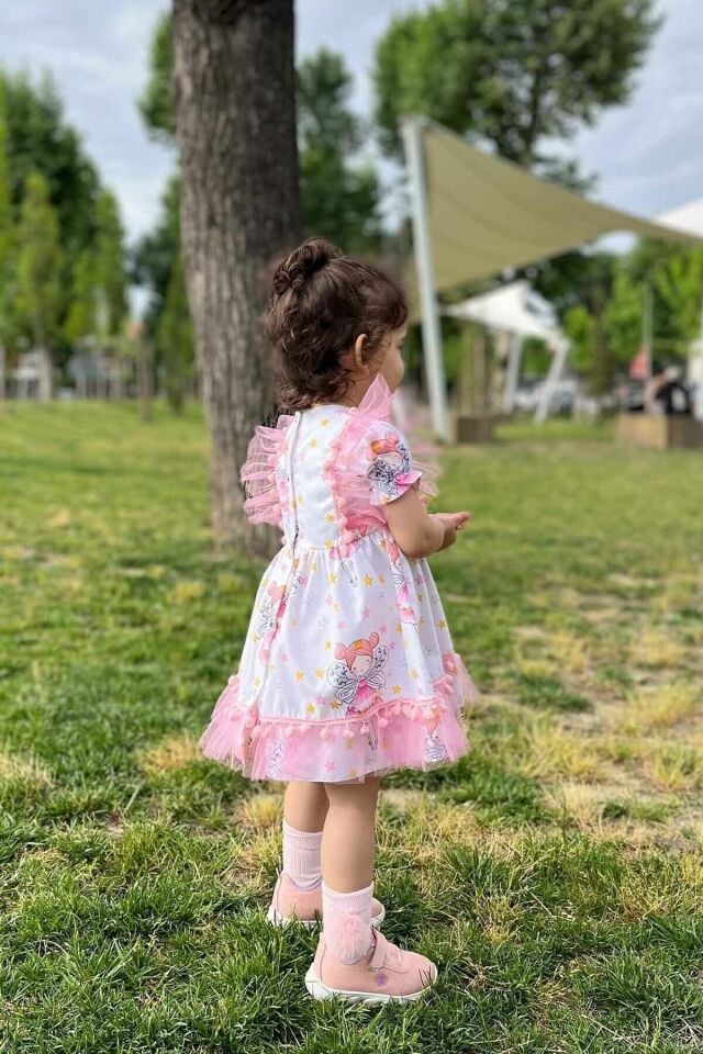 Tül Ve Ponpon Detaylı Perili Kız Çocuk Bebek Tasarım Elbise