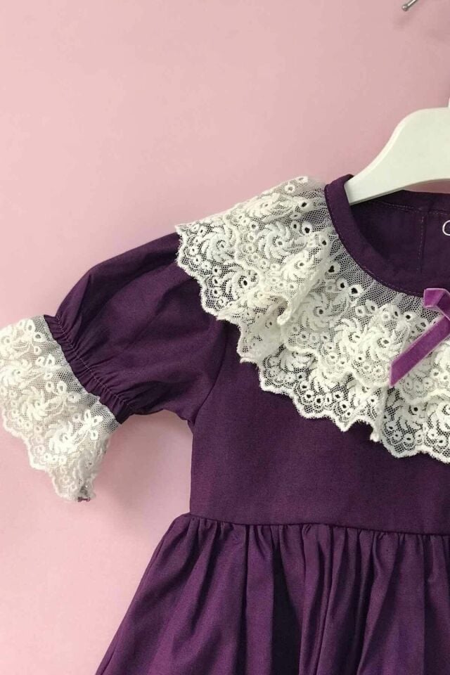 Dantel Yaka Detaylı Mor Kız Çocuk Bebek Pamuk Elbise