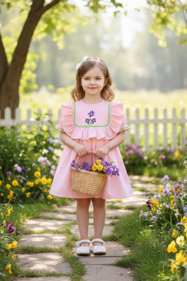 Toz Pembe Nakış Ve Su Taşı Detaylı Kız Çocuk Bebek Cici Elbise