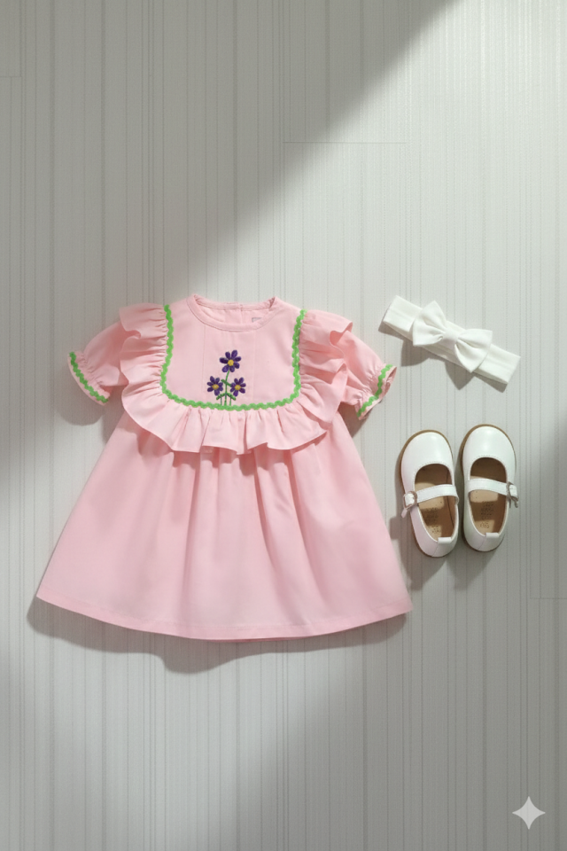 Toz Pembe Nakış Ve Su Taşı Detaylı Kız Çocuk Bebek Cici Elbise