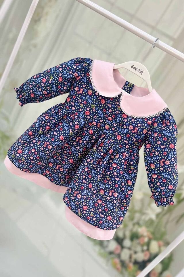 Çiçekli Kız Çocuk Bebek Dantelli Bebe Yaka Mavi Pembe Pamuk Elbise