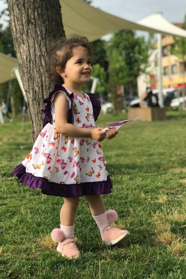 Fırfır Ve Su Taşı Detaylı Kelebek Desenli Kız Çocuk Bebek Elbise