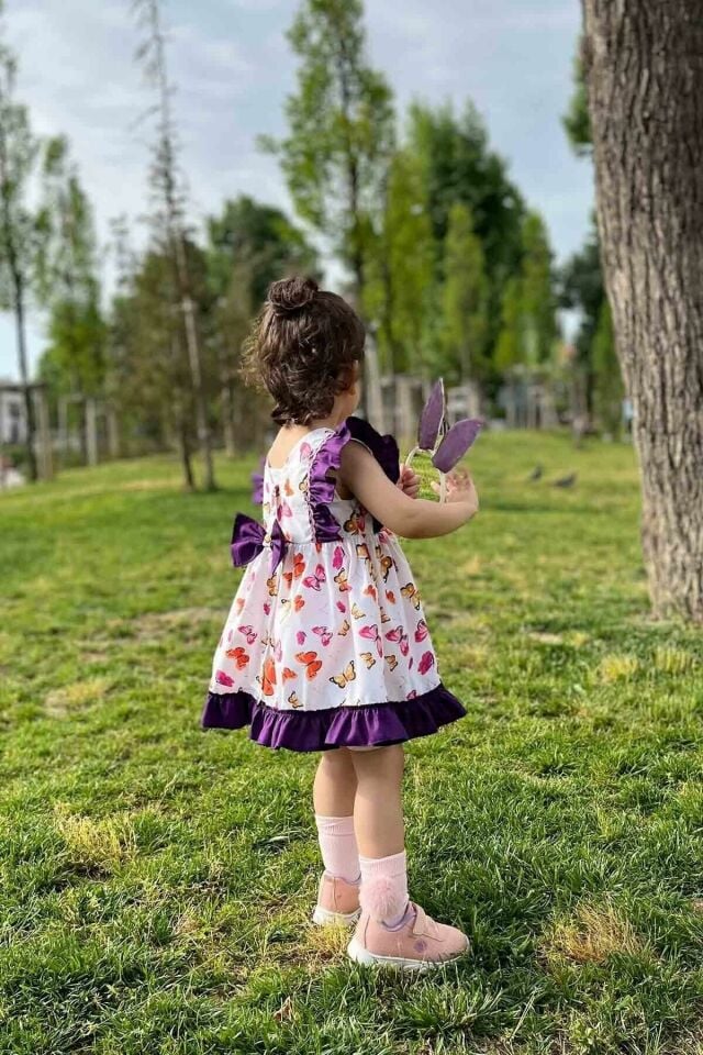 Fırfır Ve Su Taşı Detaylı Kelebek Desenli Kız Çocuk Bebek Elbise