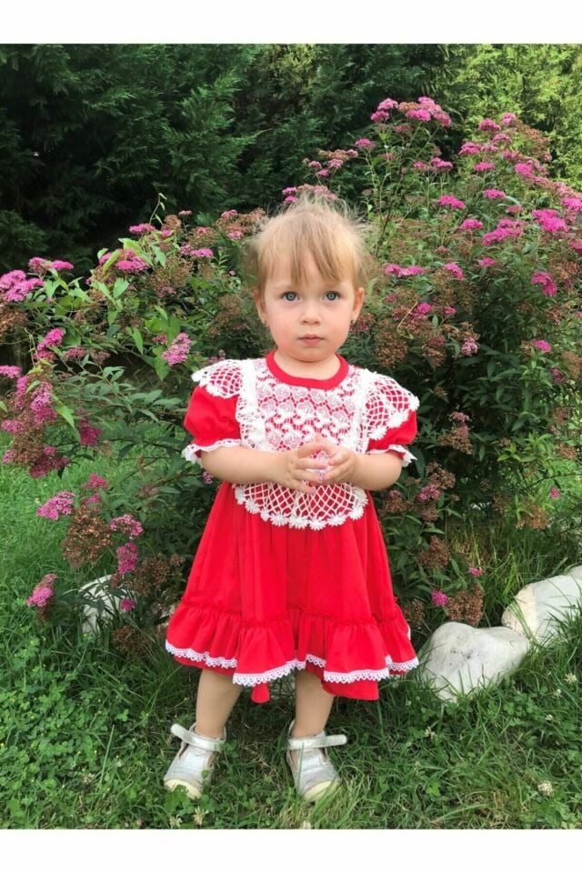 Dantel Ve Fırfır Detaylı Kırmızı Kız Çocuk Bebek Şile Bezi Pamuklu Elbise