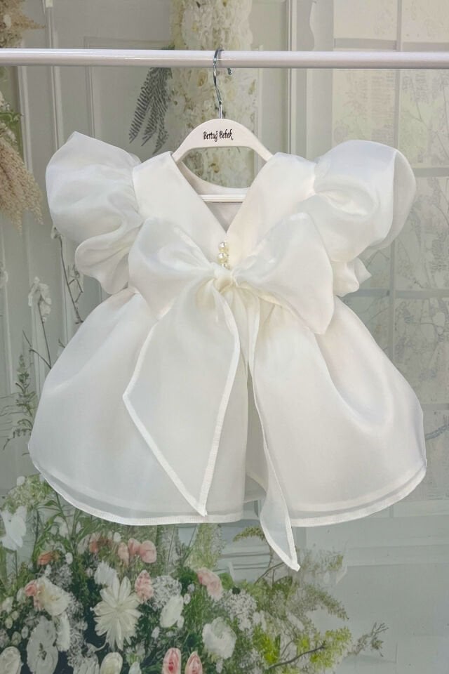 Karolin Balon Kol Gelinlik İncili Kız Çocuk Bebek Kırık Beyaz Abiye Elbise