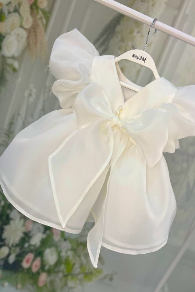 Karolin Balon Kol Gelinlik İncili Kız Çocuk Bebek Kırık Beyaz Abiye Elbise