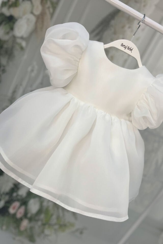 Karolin Balon Kol Gelinlik İncili Kız Çocuk Bebek Kırık Beyaz Abiye Elbise