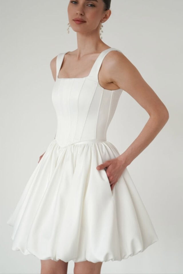 Kısa Saten Balon Kırık Beyaz Nikah Nişan After Off-White Kadın Mini Etek