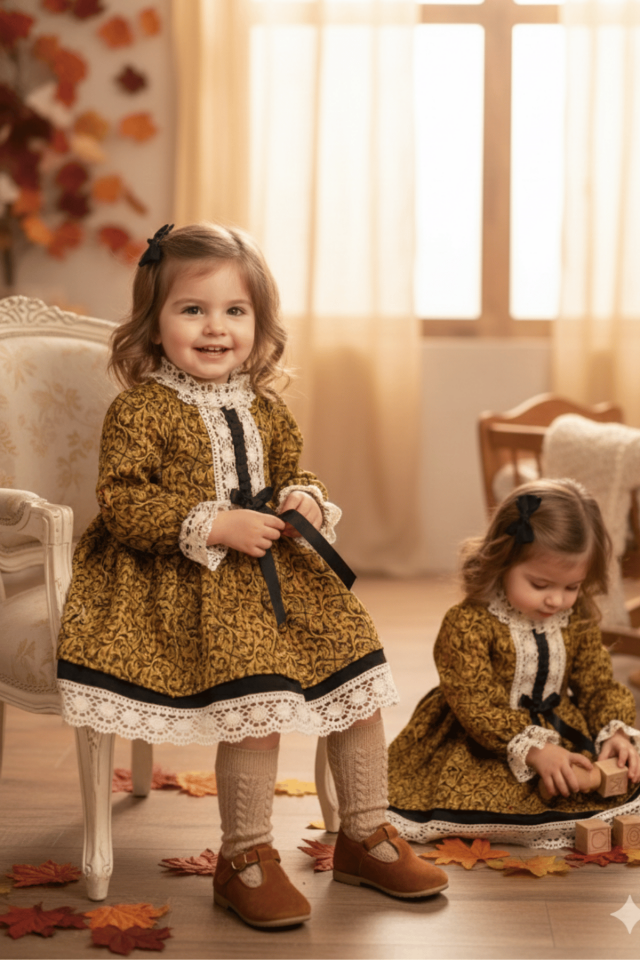 Dantel Ve Kurdele Detaylı Brokar Özel Tasarım Kız Çocuk Bebek Elbise