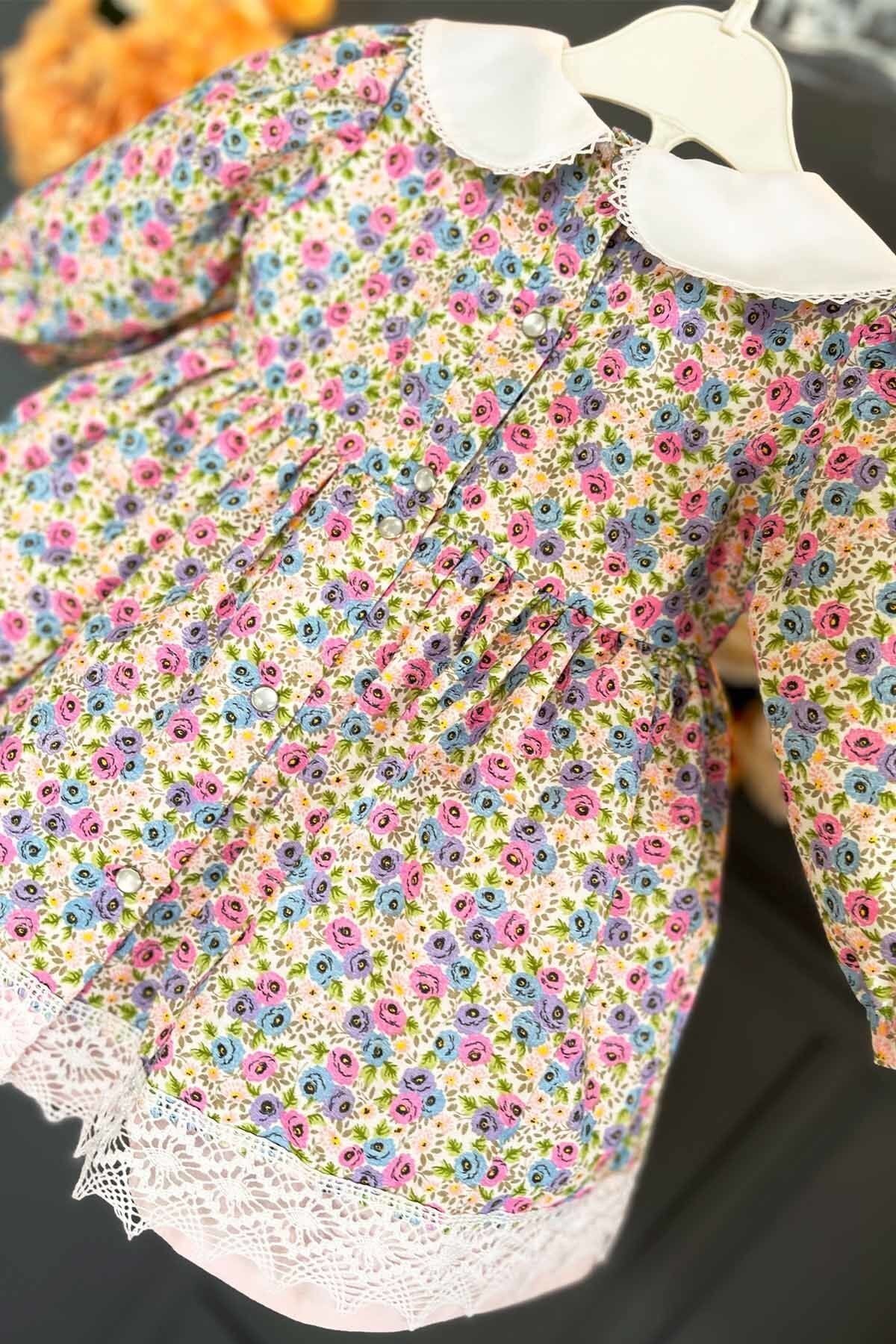 Rokoko Çiçek Desenli Kız Çocuk Bebek Dantelli Renkli Pamuk Elbise