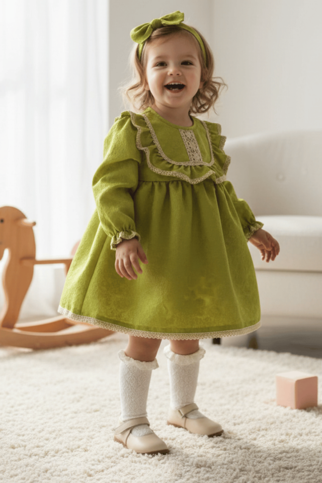 Brokar Kumaş Dantel Detaylı Özel Tasarım Yeşil Kız Çocuk Bebek Elbise