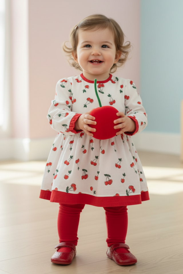 Kiraz Desenli Kız Çocuk Bebek Pamuklu Kırmızı Beyaz Elbise