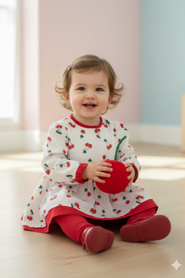 Kiraz Desenli Kız Çocuk Bebek Pamuklu Kırmızı Beyaz Elbise