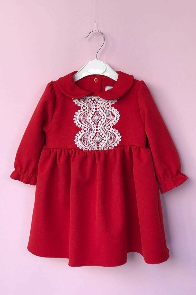 Red Crepe Baby Girl Dress with Lace Detail