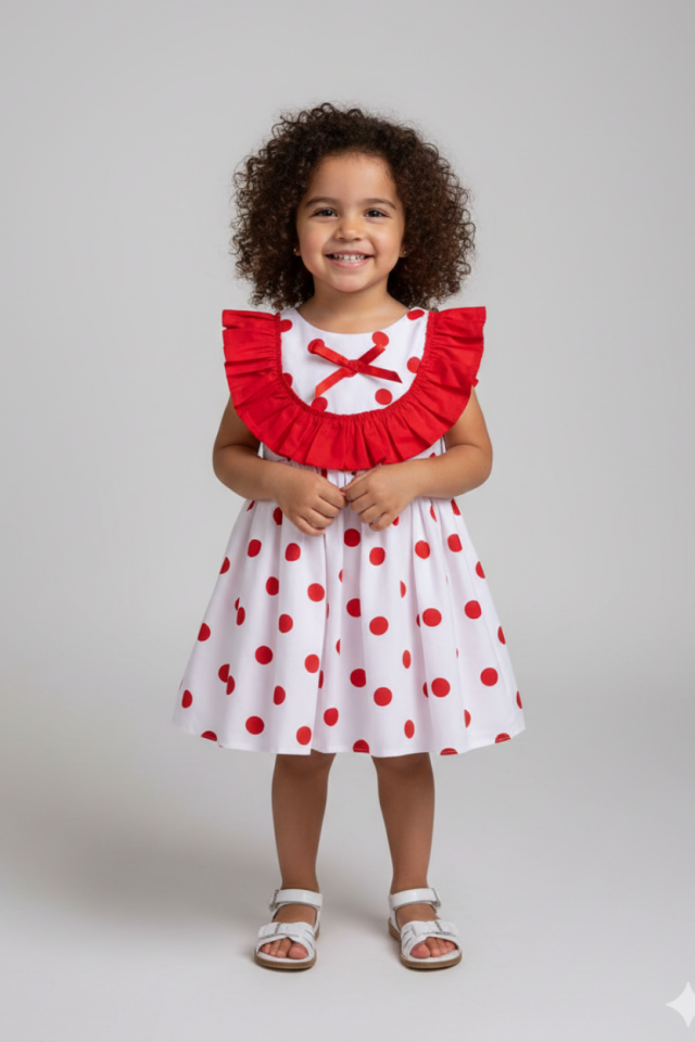 Puantiyeli Kırmızı Beyaz Pamuklu Yazlık Kız Çocuk Bebek Kolsuz Elbise