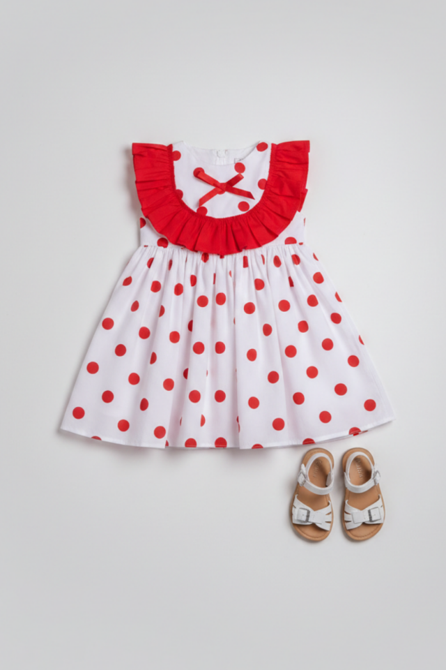 Puantiyeli Kırmızı Beyaz Pamuklu Yazlık Kız Çocuk Bebek Kolsuz Elbise