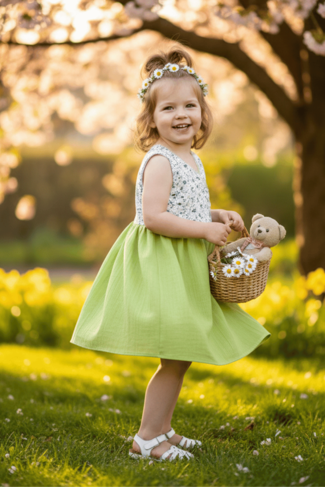 Ärmelloses zweireihiges grünes Kleid für Babymädchen mit Spitzendetail und Blumenmuster