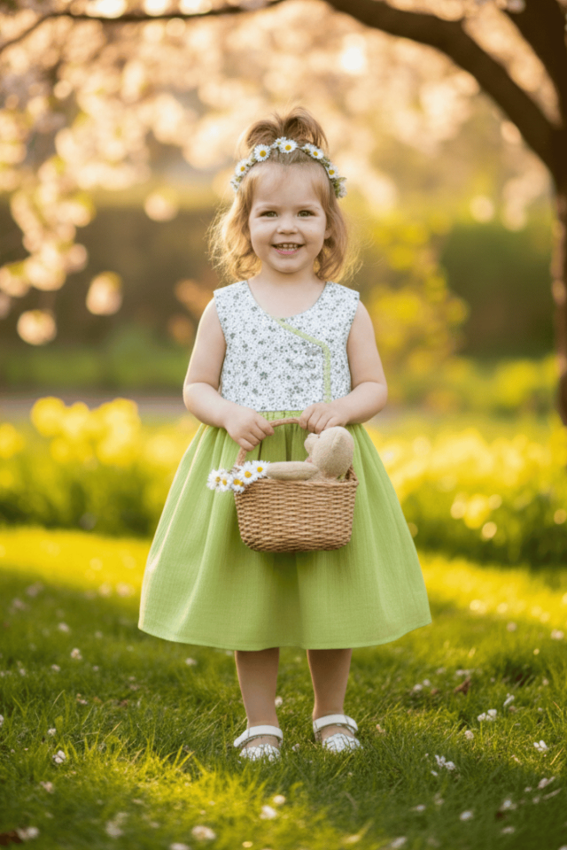 Ärmelloses zweireihiges grünes Kleid für Babymädchen mit Spitzendetail und Blumenmuster