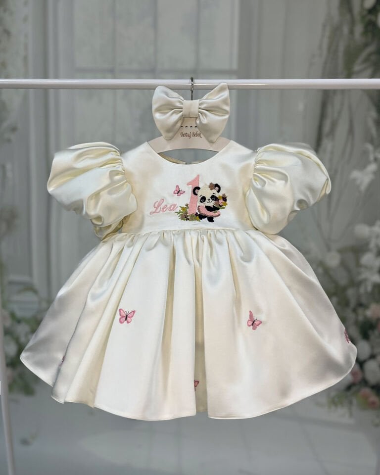 Balon Kol Nakışlı Ekru İsim Özelleştirmeli Kız Çocuk Bebek Saten Abiye