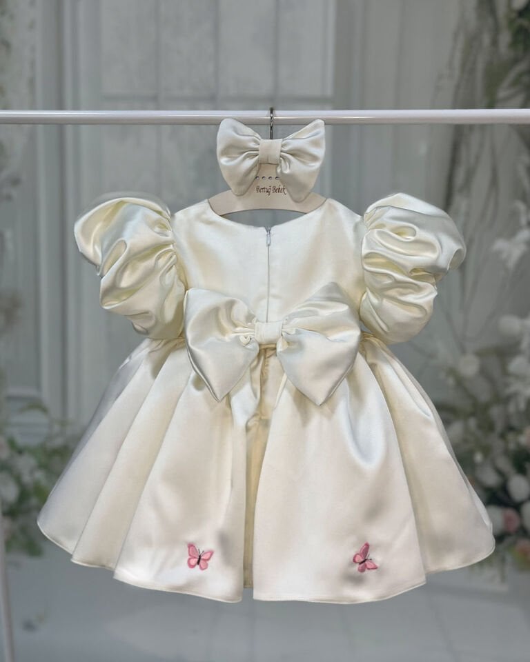 Balon Kol Nakışlı Ekru İsim Özelleştirmeli Kız Çocuk Bebek Saten Abiye