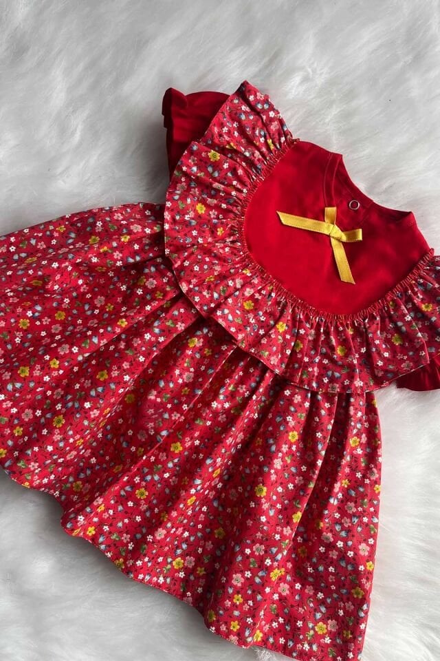 Fırfır Detaylı Çiçekli Kırmızı Kız Çocuk Bebek Elbise