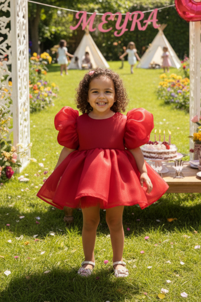 Kırmızı Karolin Pamuk Astarlı Kız Bebek Çocuk Romper Külotlu Abiye Elbise