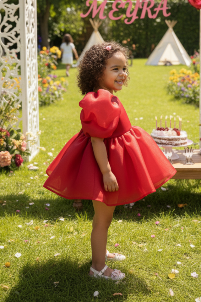 Kırmızı Karolin Pamuk Astarlı Kız Bebek Çocuk Romper Külotlu Abiye Elbise