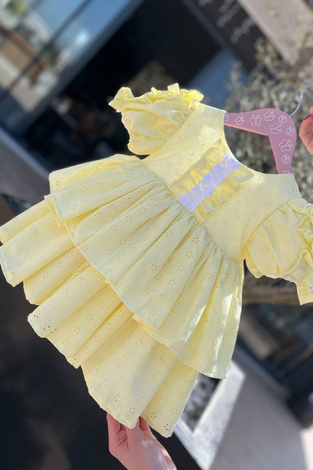 Lace and Ruffle Embellished Girl Baby Cutout Cotton Evening Dress Yellow Birthday Dress yellow - 7 years old