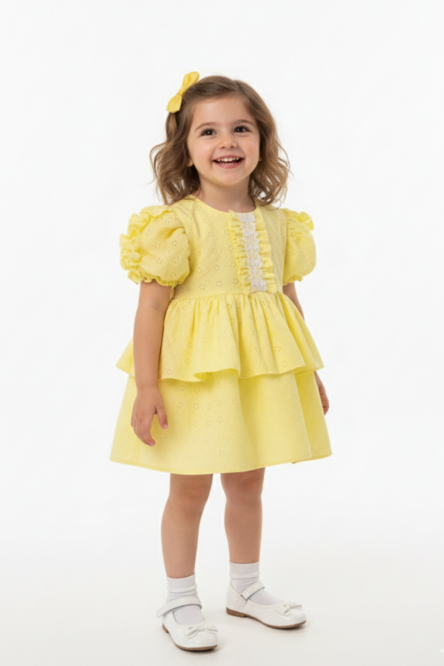 Dantel ve Büzgü Süslemeli Kız Çocuk Bebek Fisto Pamuk Abiye Sarı Doğum Günü Elbise