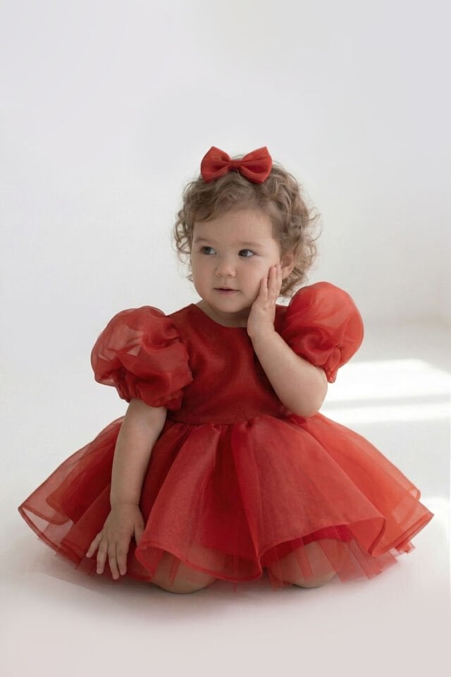 Bordo Karolin Pamuk Astarlı Kız Bebek Çocuk Romper Külotlu Abiye Elbise